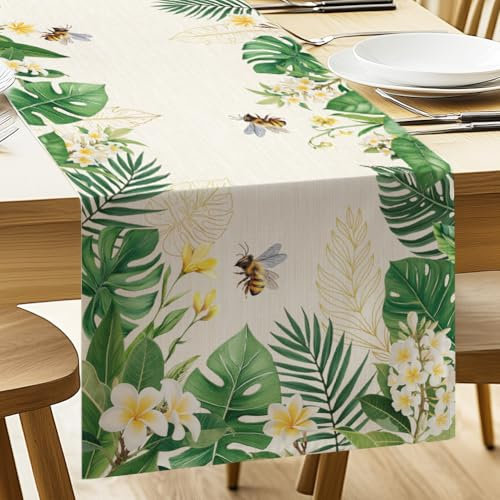 ANATTASOUL Monstera Et Feuille De Palmier Chemin de Table Printemps Été Décoration de Table Lin Vintage Lavable Automne-Hiver Cuisine Table Décoration Intérieur Vacances Décor de fête 33 x 183 cm