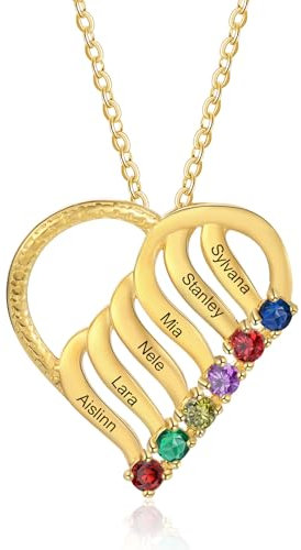ALBERTBAND Personalisierte Kette Damen mit 2/3/4/5/6 Namen Geburtssteine Mutter Tochter Herz Halskette Geschenke für Frauen Mama Muttertag Weihnachten (Gold-6 steine)