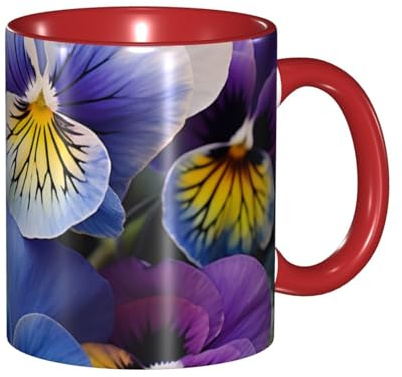 LKVNSWERT Porzellan-Kaffeetasse mit Griff, Stiefmütterchen, Perfektion, Kaffeetasse für Büro und Zuhause, Latte-Getränketasse für Tee und Milch, bunte Innenseite, Keramik-Teetassen für Männer und