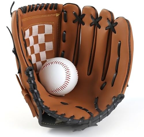 Guante de béisbol para niños/jóvenes/adultos, guantes de softbol deportivo de piel sintética de mano izquierda (marrón A, 10,5 pulgadas)
