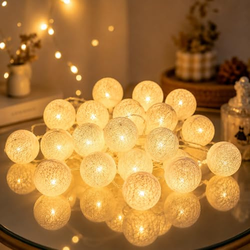 LED Lichterkette Baumwollkugeln,3M 20LED Lichterkette Innen Kugeln,Cotton Ball Lichterkette,Baumwollkugeln lichterkette,LED Baumwollkugeln für Hochzeit,Weihnachten,Party Deko