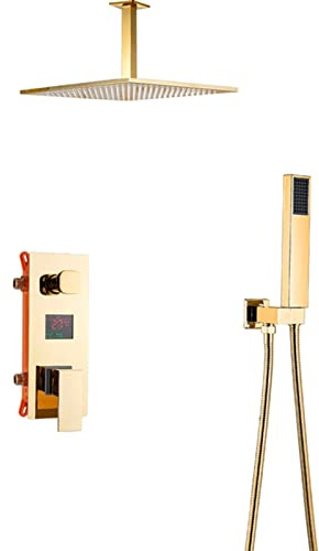 WOTZOV Duschsystem-Armatur, an der Decke montierte, Moderne Regenduschen-Armaturen-Sets in Gold, komplett mit Dusche und Handbrause und eingebetteter Box，12inch