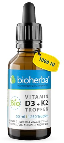 Vitamin D3 + K2 Tropfen von Bioherba 50 ml – Hochdosierte, Formel mit MK-7 & MCT-Öl