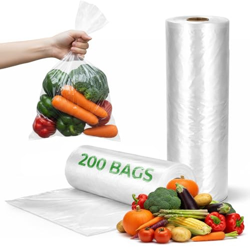 200 Clear Plastic Food Bags Large 18x14x9 in 1 Roll Freezer Storage Pack | Easy tear polythene, keeps fruit, vegetables and leftovers fresh, suits kitchens, market stalls, catering and shop counters