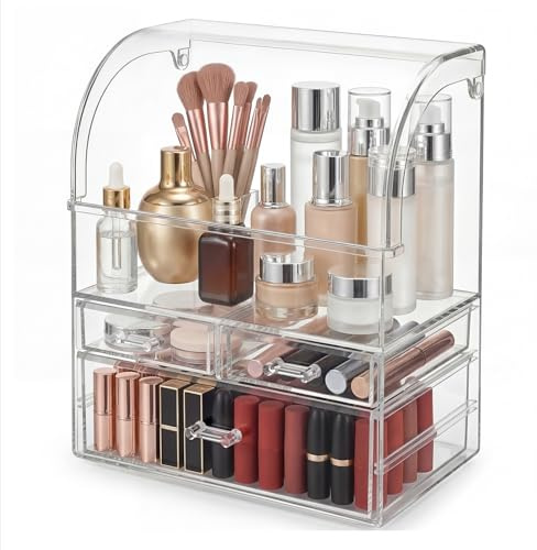 ilus Makeup Organiser with Drawers, Large Skincare Organisers Cosmetic Storage Display Case with Dust Free Cover, Waterproof Make up Storage Box for Vanity Countertop Bathroom Dresser, Clear White