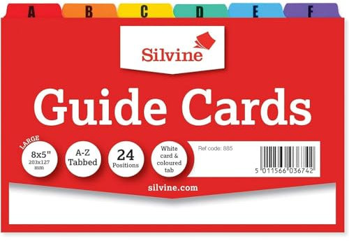Silvine 8x5 Guide Cards in plain white, Tabbed A-Z. Ref 885 (203 x 127mm)