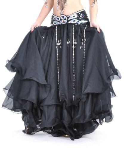 Hoerev Bauchtanz DREI-Schicht- Chiffon- Rock Säumen, abgestufte Maxi-Rock Ohne Gürtel,Schwarz,M