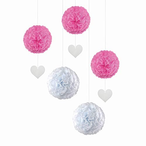 EinsSein 5er Mix Pom Poms mit Anhänger 3X Herz Anhänger rosa 2X Large (Weiss) Pompons Hochzeit Wedding Pompons Dekokugel