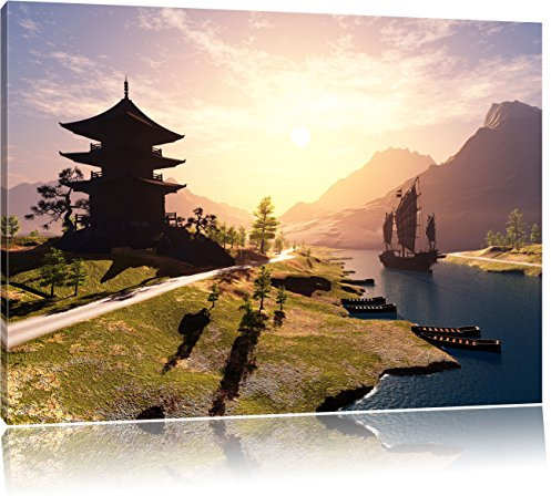 Pixxprint asiatischer Tempel an Fluss, Größe: 80x60cm, Leinwandbild, fertig gespannt, Wandbild, Dekoration, Kunstdruck, kein Poster