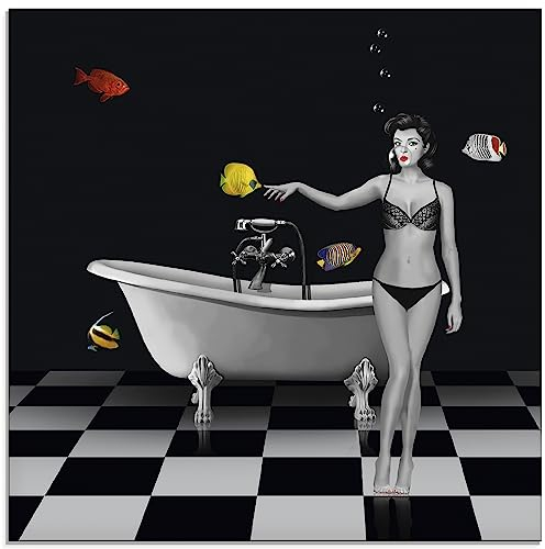 ARTland Wanddeko Glasbilder Wandbild Glas Bild einteilig 50 x 50 cm Frau Pin Up Badewanne Badezimmer Wasser bunte Fische Retro Vintage T6HO