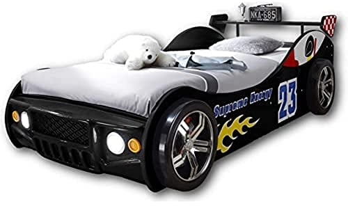 ENERGY Autobett mit LED-Beleuchtung 90 x 200 cm - Aufregendes Auto Kinderbett für kleine Rennfahrer in Schwarz - 105 x 60 x 225 cm (B/H/T)