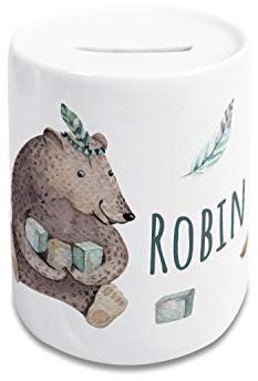 GRAZDesign Spardose Name personalisiert Geschenk Taufe Geburtstag Geburt Kommunion Konfirmation, Sparschwein Geldgeschenk, Keramik Weiß mit Motiv, für Jungen und Mädchen (Süßer Bär)