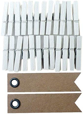24 Mini Pinces à Linge Blanches + 20 étiquettes Kraft Fanion