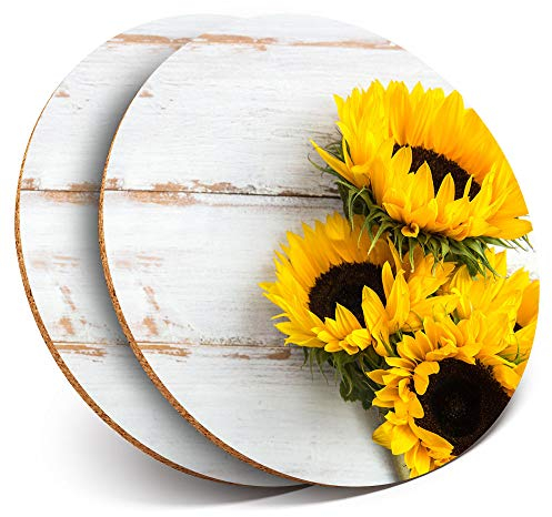 2 x Round Coasters - Sunflower Pretty Yellow Flowers - Cork Backed Home Kitchen Accessory Tea Coffee Mug Mat #14826