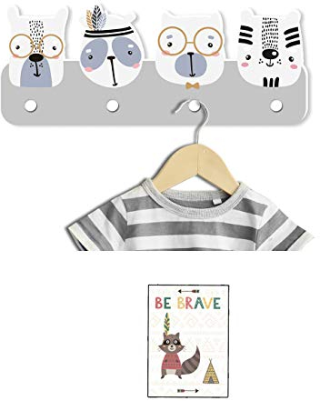 Kindsblick ® Indianer Kindergarderobe in Grau inkl. niedlichem A4 Poster - Garderobe Kinder Edition mit 4 Haken - Wunderschöne Kinder Garderoben Deko - Kinder Garderobe Maße (38 x 15 x 1 cm)