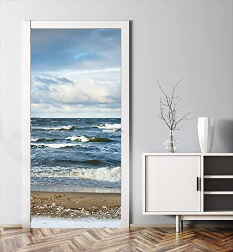 MyMaxxi - Tür bekleben mit Türtapete Türposter Türfolie Selbstklebend 90x200 Wellen - Tür verschönern mit Türfolie - Türaufkleber Türklebefolie Urlaub Meerblick Strand