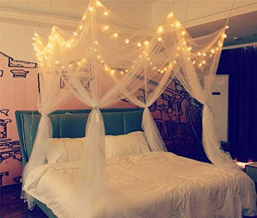 Toldo de cama de 8 esquinas con 100 luces LED con cadena de estrellas, mosquitera, estilo único, 4 puertas, toldo cuadrado para cama, cortinas radecuado para cama doble de matrimonio, tamaño King