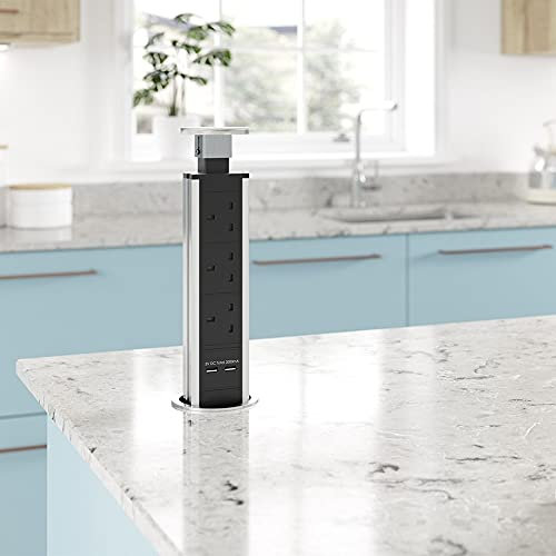 New Sensio Power Pod E Pop up Kitchen Worktop Sockets Plug with USB (Stainless Steel)