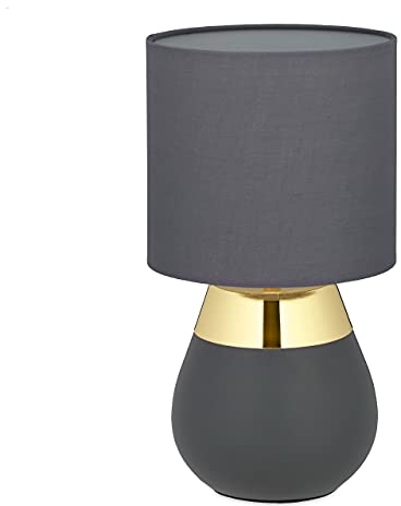 Relaxdays Nachttischlampe mit Touch, moderne Tischlampe, HxD: 32 x 18 cm, E14, Touchlampe mit Stoffschirm, grau/gold