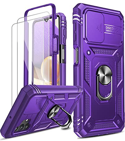 LeYi for Samsung Galaxy A52S/A52 5G/4G Case with Slide Camera Cover and 2 Tempered Glass Screen Protector, Ring Holder Full Body Protective Heavy Duty Shockproof Tough Girl Hard Phone Cover, Purple