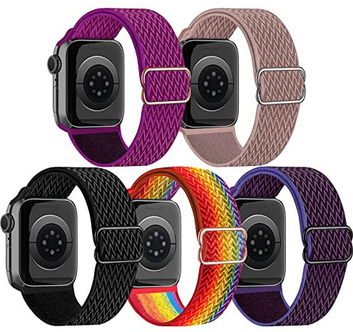 chinbersky 5 Pack Correas Compatible con Correa Apple Watch 38mm 40mm 41mm 42mm 44mm 45mm Mujer Hombres,Pulseras de Repuesto Trenzadas elástico Para iWatch SE/Series 8 7 6 5 4 3 2 1(38mm/40mm/41mm)