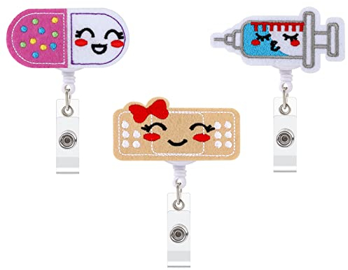 OOTSR 3 Pièces Porte-Badges Clip Rétractable pour Infirmières Bénévoles Étudiants Enseignants, Sentait Enrouleur Porte Carte Badge Infirmiere Accessoires (Bandage + Pilule + Seringue)