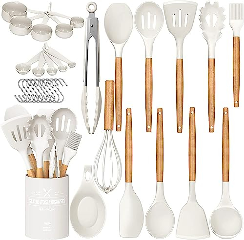 Umite Chef Juego de utensilios de cocina, 33 piezas de silicona antiadherente, juego de espátulas con soporte, mango de madera, juego de utensilios de cocina de silicona (blanco crema)