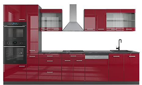 Vicco Küchenzeile R-Line, Bordeaux Hochglanz/Anthrazit, 350 cm mit Hochschrank, ohne Arbeitsplatte