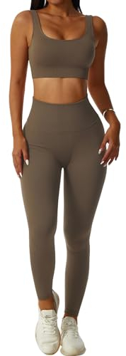 dohomiryo Damen Sportanzüge Jogginganzug Sport Sets 2 Teilig Workout Outfit Set Sport Crop Top+Hohe Taille Yoga Leggings Yoga Outfit Freizeitanzug Sportswear Braun S