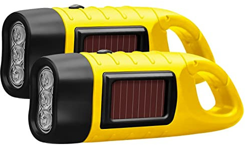 2-Pack Wind Up Torch, LED Super Bright Hand Crank Torch, Solar Dynamo Portable Camping & Emergency Flashlight with Carabiner Hook