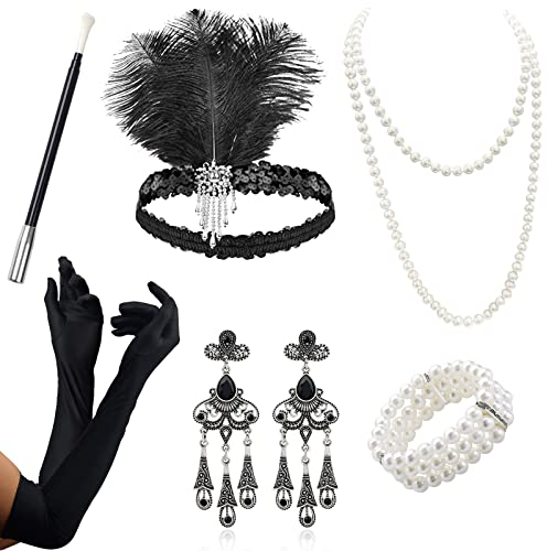 VEGCOO 20er Jahre Accessoires,1920er Jahre Kleidungs Set Vintage Kleidungszubehör einschließlich Stirnband Halskette Handschuhe Ohrringe Armband Requisiten Set (Silber)