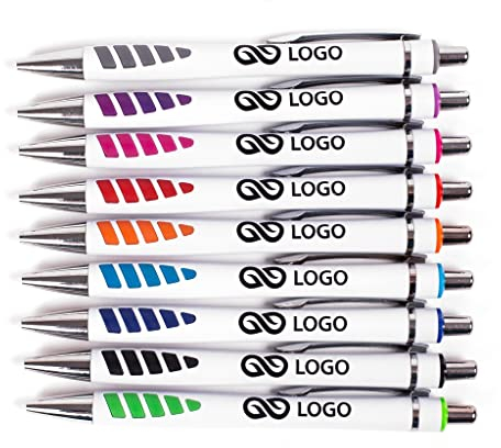 WPRO 100x Kugelschreiber Frank aus Kunststoff | individuell bedruckbar, Metallclip, 9 Farben, Druckknopf, blau schreibend| personalisierter Werbeartikel