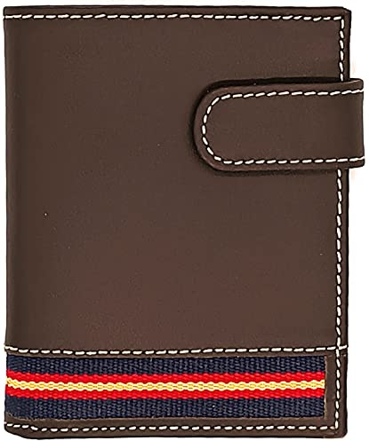 Hispapiel Cartera Hombre pequeña con Bandera de España. Billetera de Piel marrón Caballero, Tarjetero Monedero de Cuero auténtico. Made in Spain (Vertical)