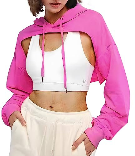 BEJONS Frauen Langarm Cropped Super Crop Top Hoodies Sweatshirt Ästhetische Punk Hip Hop Dance Sexy Rave Tuch, Knallpink (Hot Pink), XS