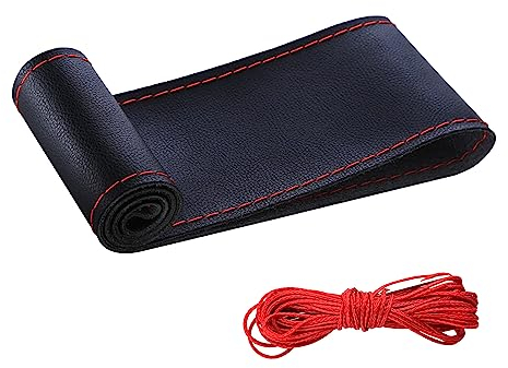 CGEAMDY Auto Lenkradabdeckung DIY mit Nadel und Gewinde, Lenkradbezüge aus Weichem Faserleder auf Dem Lenkrad des Autos, Leder Lenkradbezug zum Nähen (Schwarz-Rot)
