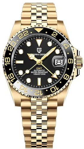 Pagani Design GMT Herren 40 mm Automatikuhr Saphirglas Edelstahl 100 Wasserbeständigkeit Analoguhr Mechanische Herrenuhren Geschenkuhr für Herren(Fünf Perlen Alle Gold Schwarz)