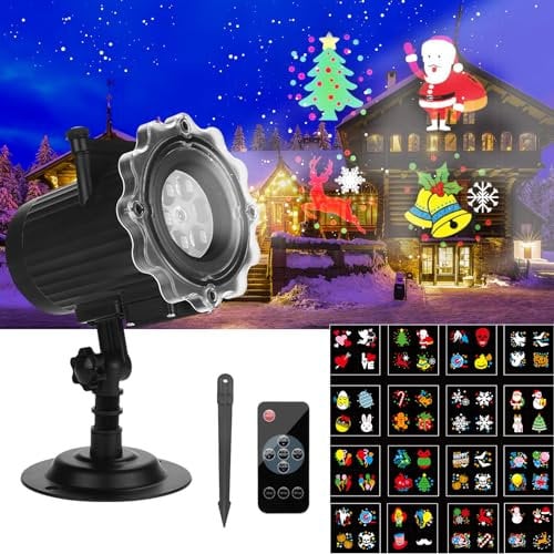 ROVLAK Proyector Navidad Exterior Interior LED Luces de Proyector Navidad 16 HD Patrones Lámpara de Proyección IP65 Impermeable con Control Remoto Luz Proyector para Halloween, Navidad, Fiestas