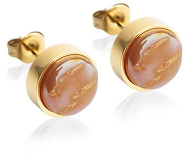 Kleine Ohrstecker gold mit Stein • Braune Ohrringe für Damen • Nachhaltiger Modeschmuck aus Edelstahl & recyceltem Glas mit Perlmutt Optik • Ø 9mm