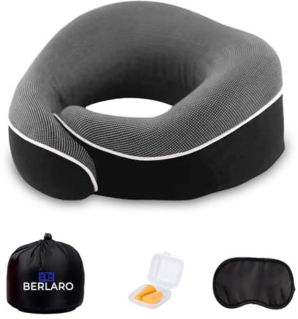 BERLARO BLR Almohada de Viaje para Cuello| Soporte Ergonómico Ajustable y Viscoelástico | Almohada Viaje avión | Collarin Cervical Viaje | Alivia Dolor Cervical y Postural (Negro)