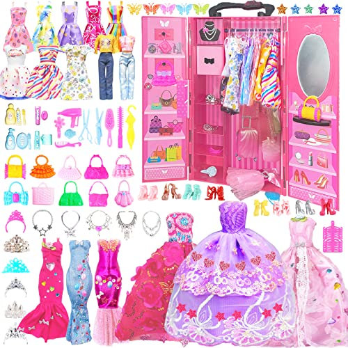 165 Stück Doll Clothes and Accessories Kleidung für Puppen kleiderschrank Kleidung Schmuck Zubehör mit Hochzeitskleid Kleider Outfits Tops und Hosen Schuhe Taschen Geschenk Spielzeug