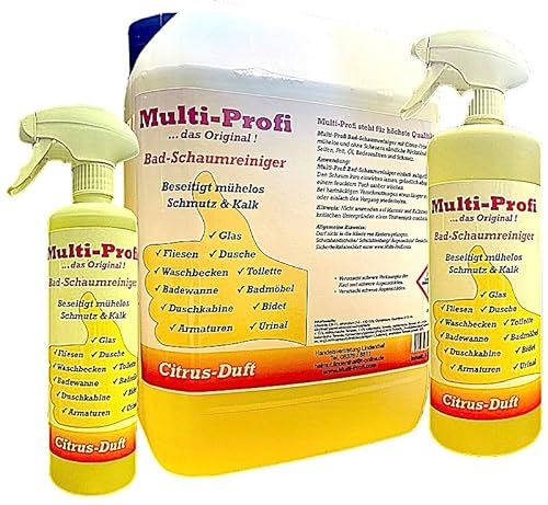 Multi-Profi Bad-Schaumreiniger mit Citrus-Frische-Kraft entfernt mühelos und ohne Scheuern sämtliche Rückstände von Kalk, Seifen, Fett, Öl, Badezusätzen und Schmutz ! 1 Liter