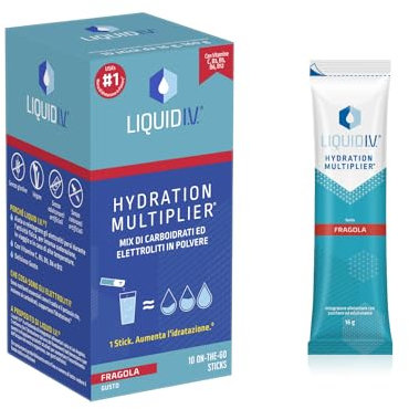Liquid I.V., Integratore con Elettroliti, Vitamine C B3 B5 B6 B12 per Energia e Riduzione Stanchezza Estiva, Gusto Fragola, 10 Stick