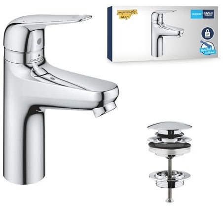 GROHE QUICKFIX - Swift 2023, mitigeur lavabo, sécurité enfant, bonde Clic-Clac, Taille M,Economie d'eau, outil de montage fourni, Chromé, 24327001