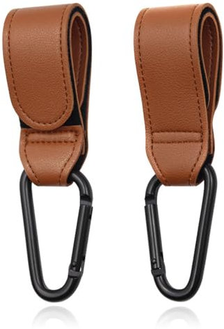 BHIPKOT set di 2 ganci per carrozzina in pelle, moschettone universale, appendino per carrozzina, accessori per carrozzina (marrone)