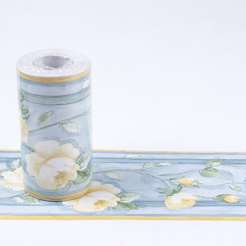 Jodimitty PVC Wallpaper Border Self Adhesive 10 Meter x 10cm Floral Pattern Peel Stick Waistline Trim Wall Border for Living Room Bedroom Decoration (Blue Yellow Floral)