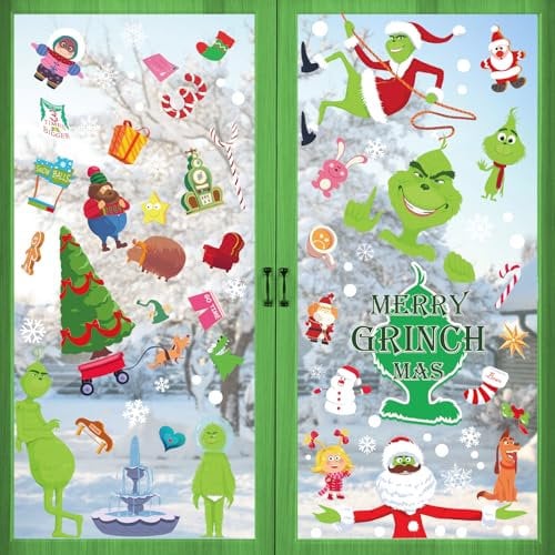 Joyoldelf 150 Stück Weihnachten Fensterbilder - Grinch Weihnachts Selbstklebend Fenstersticker, Geeignet für Winter Weihnachts Fenster Deko