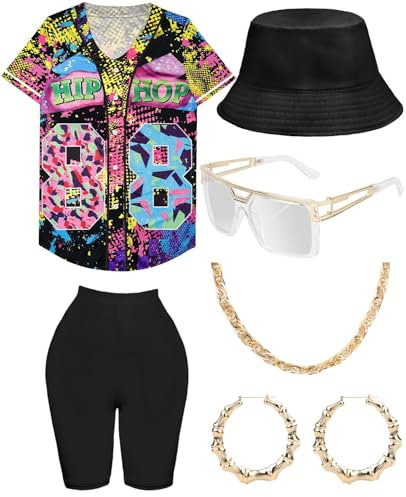80er 90er Jahre Outfit für Damen, Unisex, Hip-Hop-Kostüm, Baseball-Trikot, Shirt, Yogahose, Fischerhut, Goldkette, Rapper-Zubehör, Splash-c (schwarzer Hut), L