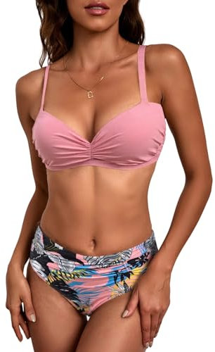 JFAN Maillots de Bain Femme 2 Pièces Froncé Taille Haute Bikini Set à Bretelles Amovibles Push Up Bikini Ensembles Rose M