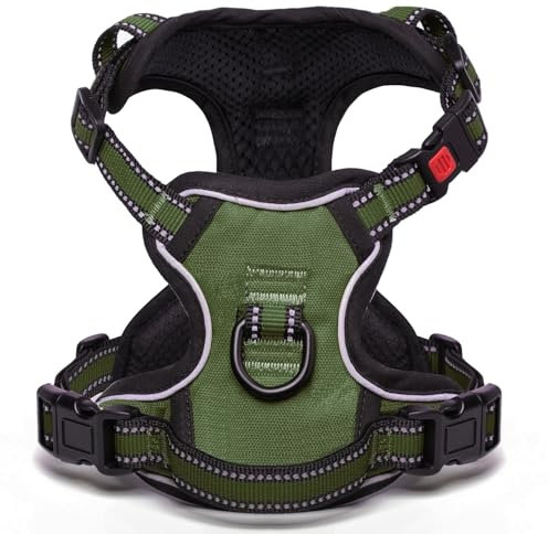 [Neueste Hundegeschirr] BaoCheng Anti Pull Hundegürtel,Kleine/mittlere/große Hunde,Atmungsaktives Mesh, Einfaches Be-und Entladen,3 Schnallen, Sicherheit,Entlastet Husten,Reflektierend(Armeegrün,S)