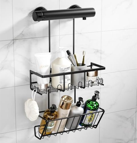 RUIHANDA Doppelstock-Duschablage zum hängen【50% mehr Stauraum vs. Markt!】 54cm Perfektgröße + Schrägdesign, 12 Haken, Direkt am Hahn montierbar – Kein Bohren, Kein Kleben! Schwarz